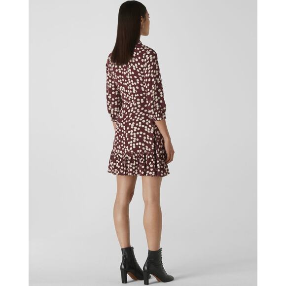 Whistles Burgundy Illustrated Flower Dress Collared Short Ruffle Hem Size 6 - Picture 2 of 12